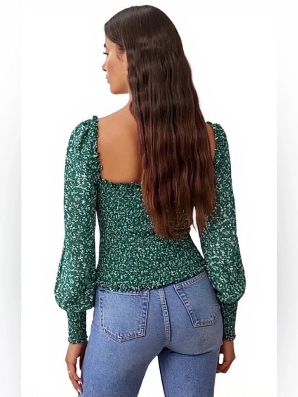 Reformation-Pinto Top-Green-Floral-Cottage-Puff Sleeve-Smocked-Feminine-S